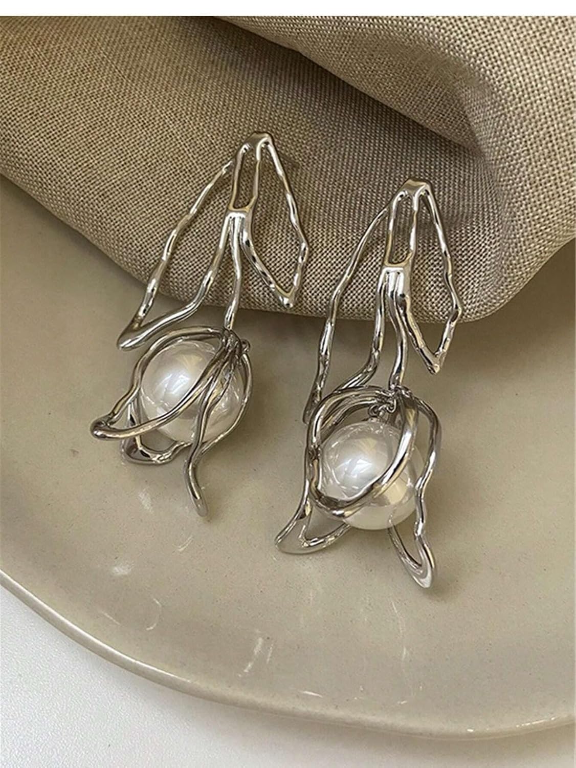El Regalo Exaggerated Irregular Pearl Statement Earrings- Striking European Design, Lightweight Leaf Pattern Earrings with Dangling Pearls