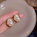 El Regalo Womens Classic Baroque Faux Pearl Stud Earrings - Elegant French Vintage Style, Irregular Geometric Abstract Golden Pearl