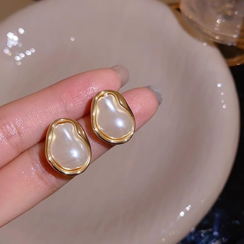 El Regalo Womens Classic Baroque Faux Pearl Stud Earrings - Elegant French Vintage Style, Irregular Geometric Abstract Golden Pearl