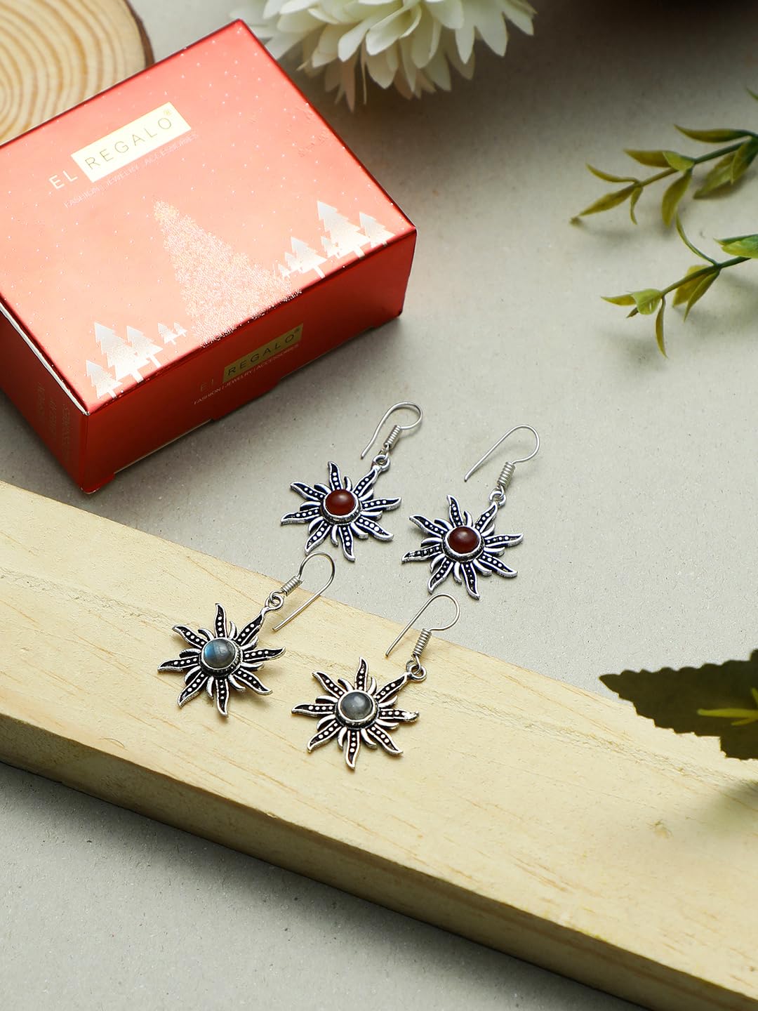 El Regalo Women's & Girl's 2 Pairs Of Contemporary Surya (Sun) Earrings With Natural Stones- Gift For Her (Option-2)
