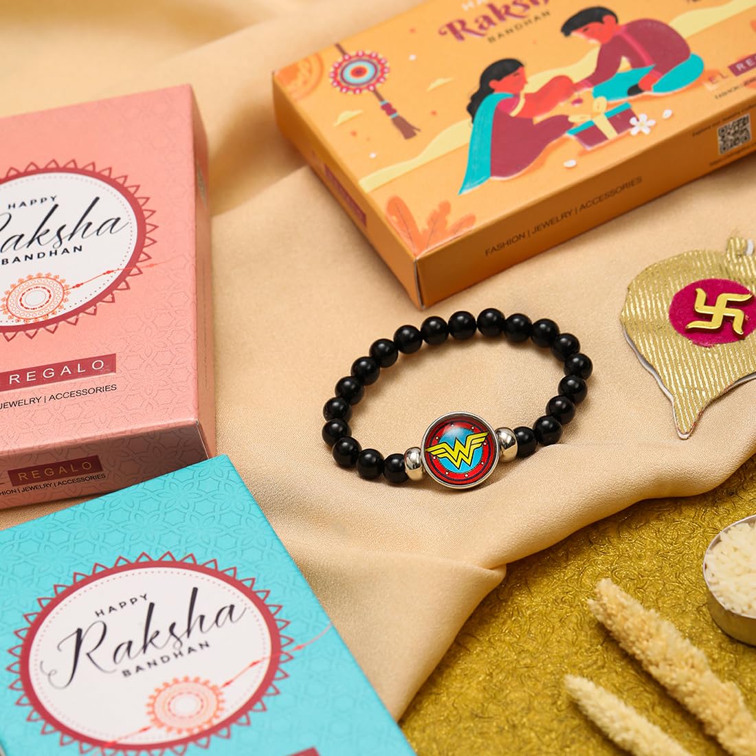 El Regalo 1PC Superhero Kids Marvel Theme Rakhi with Replacement Button for Brother- Kids Unisex Rakhi with Roli Chawal, Rakhi Message Card in Rakhi Gift Box for Little Bro (Wonder Women Rakhi)