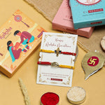 El Regalo 2PCs Red & Yellow Thread Bracelet Rakhi Combo Set for Brother- Auspicious OM, Ganesha, Shree, Trident, Damroo Mauli Rakhi with Roli Chawal Shagun, Message Card in Rakhi Gift Box (Option-3)