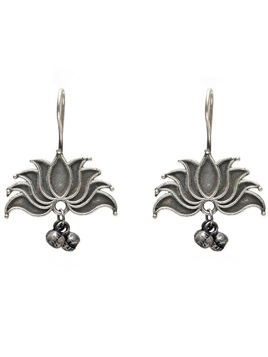 El Regalo Vintage Lotus Hook Earrings with Ghungroo for Girls & Women | Light Weight Silver Replica Brass Lotus Earrings in Oxidized Silver Finish