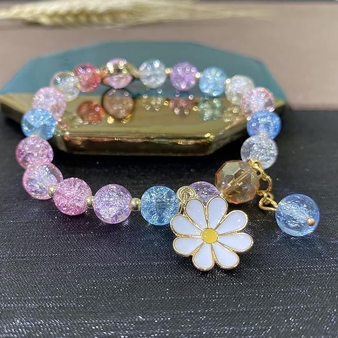 El Regalo 1 PC Dailsy Flower Sparkly Crystal Beads Tassel Bracelet for Girls/Teens/Women- Cute Crackle Beads Daisy Flower Stretch Bracelet (Multi Colored)
