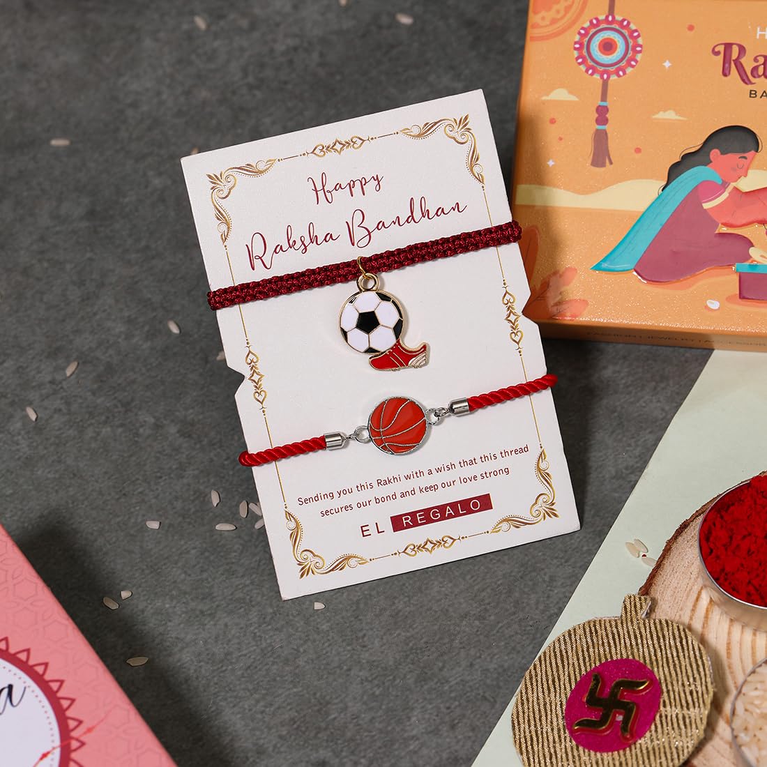 El Regalo Quirky 2PC Sports Rakhi for Kids | 2 Sport Balls Rakhis Combo Set for Brother/Niece/Nephew- Rakhi for Sports Lovers Bhai with Roli-Chawal, Message Card in Rakhi Gift Box (Option-5)