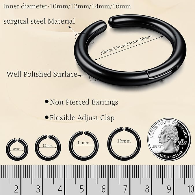 El Regalo 3 Pairs of Unisex Non-Piercing, Clip On Earrings for Girls/Boys/Men/Wome- Surgical Stainless Steel Hypoallergenic Huggie Fake Earrings (Black)