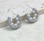 El Regalo Luxury Pearl & Zircon C Half Hoop Earrings for Women - 14K Gold Plated Pave Crystal Studs | Elegant Party Jewellery | Ideal Gift for Anniversary, Wedding & Birthdays (Silver)
