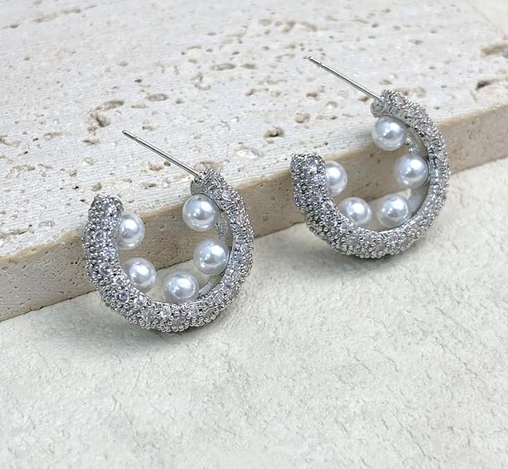 El Regalo Luxury Pearl & Zircon C Half Hoop Earrings for Women - 14K Gold Plated Pave Crystal Studs | Elegant Party Jewellery | Ideal Gift for Anniversary, Wedding & Birthdays (Silver)