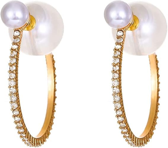 El Regalo Unique Pearl Hoop Earrings - Open C-Shape, Geometric Pearl & Rhinestone Inlay, French Fashion, Exaggerated Statement Earrings for Women & Girls