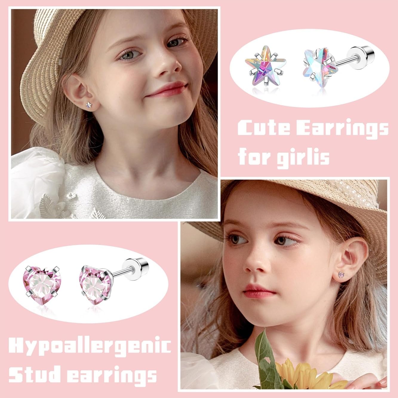 El Regalo 12 Pairs Cute & Tiny Screw Back Earrings Set for Women, Girls & Kids | 316L Stainless Steel Stud Earrings with Pearl, Heart, Flower & Star Designs | Comfortable Flat Back Screw Studs - Pink, Silver & Multicolor