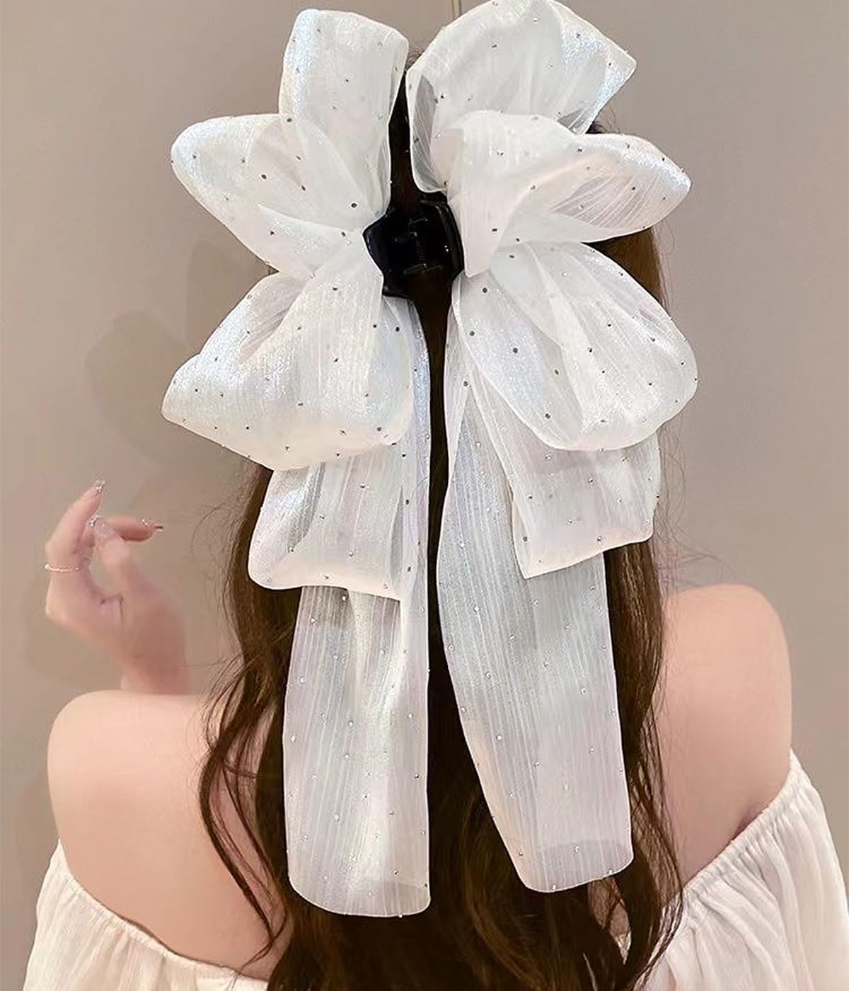 El Regalo Shimmering Big Bow Hair Claw Clips for Girls & Women- Fancy Chiffon Silk Hair Clip with Rhinestone, Large Hair Jaw Clips, Fabric Floral Bows Hair Accessories (Black)