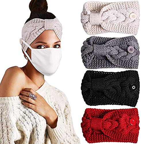 El Regalo 1 PC Knitted Winter Woolen Warm Headband with Buttons for Face Mask Cover | Cold Weather Hair Accessories Head Wrap | Criss Cross Bow Winter Headbands for Girls/Teens/Women (Off White)