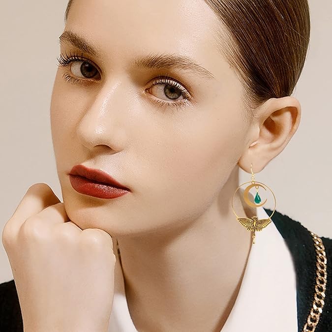El Regalo Bohemian Luna Moth Dangle Earrings - Handmade Vintage Gold Hollow Circle Earrings with Moon & Moth Design - Retro Statement Jewelry for Women & Girls