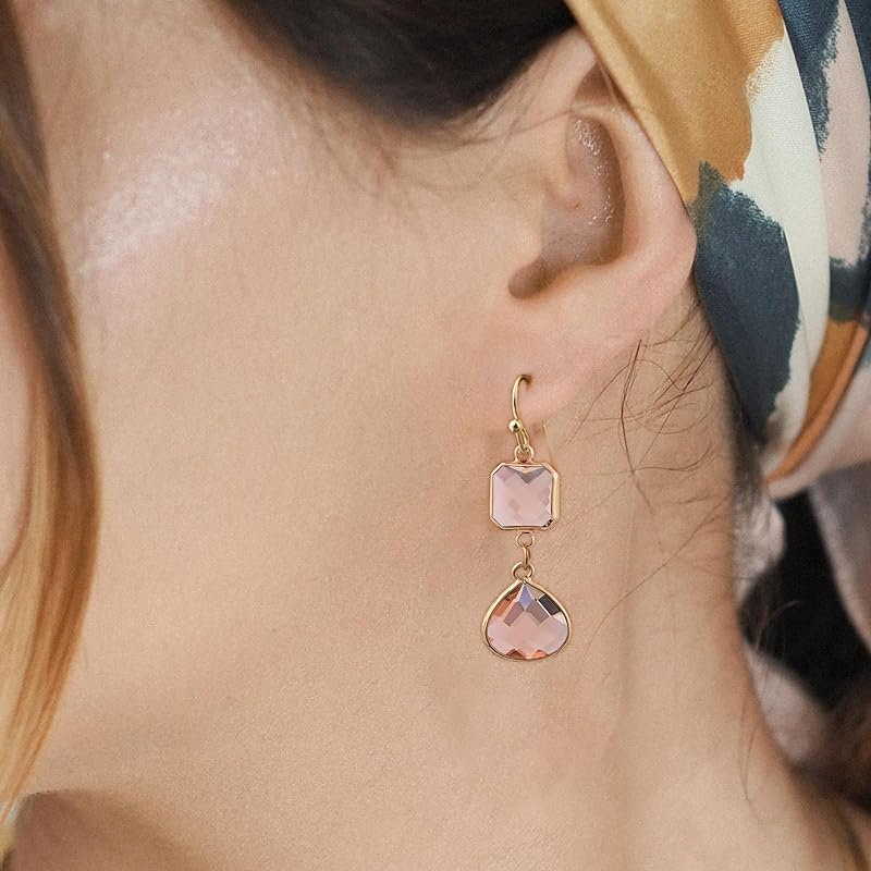 El Regalo Simulated Navy Blue Sapphire & Champagne Topaz Crystal Earrings- Hypoallergenic Dangle Drops Crystal Earrings for Girls & Women (Peachy Pink)