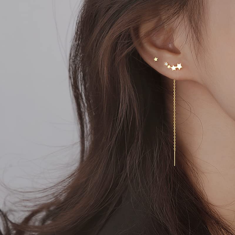 El Regalo Gold Plated Plated Minimalist Long Thin Tassel Elegant Threader Dangle Chain Earrings for Girls & Women (Star Stud Tassel)