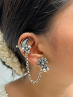 El Regalo Ethnic Oxidized Floral-Crescent Moon Ear Cuffs - Handmade Silver Lookalike Ghunghru Earrings with Ear Clips for Women & Girls - Antique Brass Earrings with Chain Connection