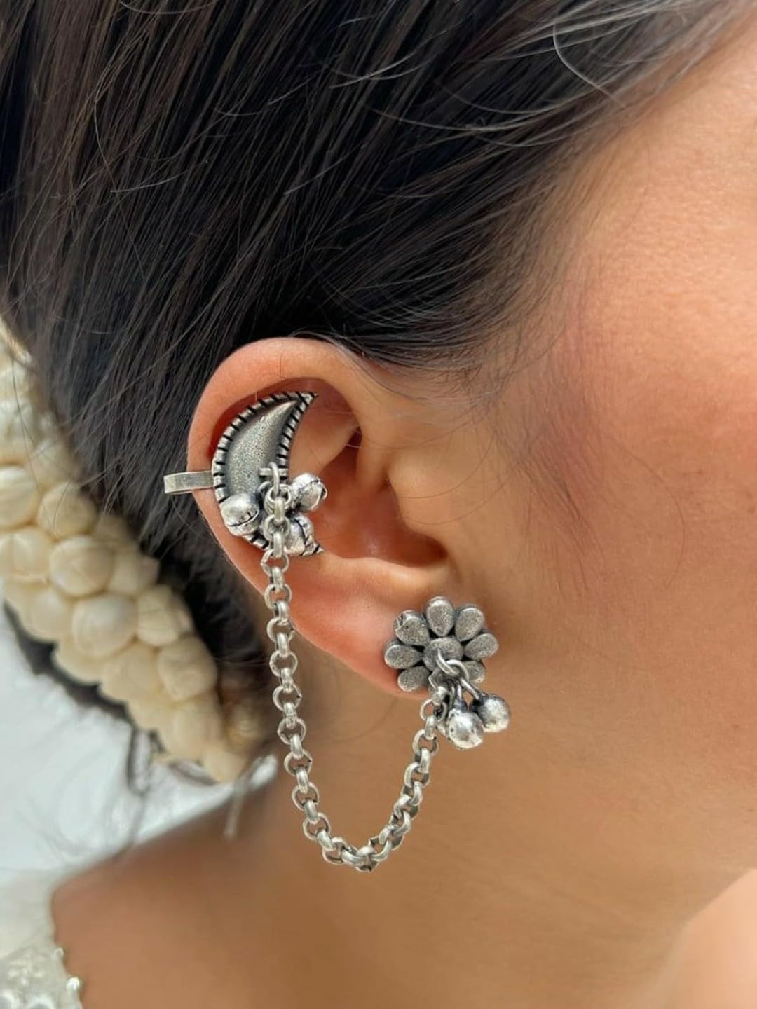 El Regalo Ethnic Oxidized Floral-Crescent Moon Ear Cuffs - Handmade Silver Lookalike Ghunghru Earrings with Ear Clips for Women & Girls - Antique Brass Earrings with Chain Connection