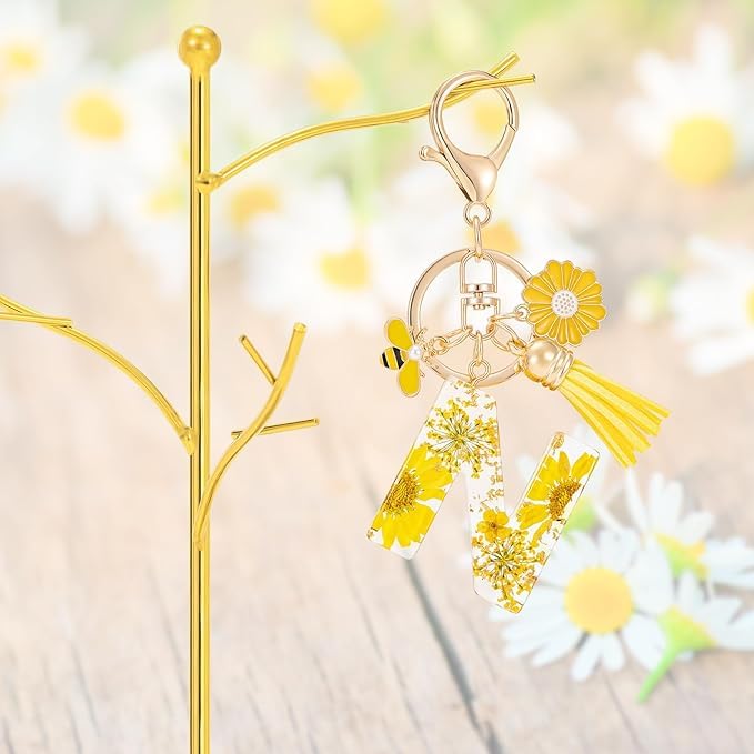 El Regalo Personalized Name Initials Natural Flowers & Bee Charm Keychain - Custom Letter Keyring with Daisy Flower & Honey Bee Pendant, Purse, Bag, Backpack Accessory (Letter N)