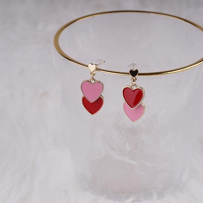 El Regalo 1 Pair Double Love Heart Drop Earrings- Valentine's Day Gift- Two Tone Oil Drop Heart Dangle Earrings for Girls & Women (Red + Pink)
