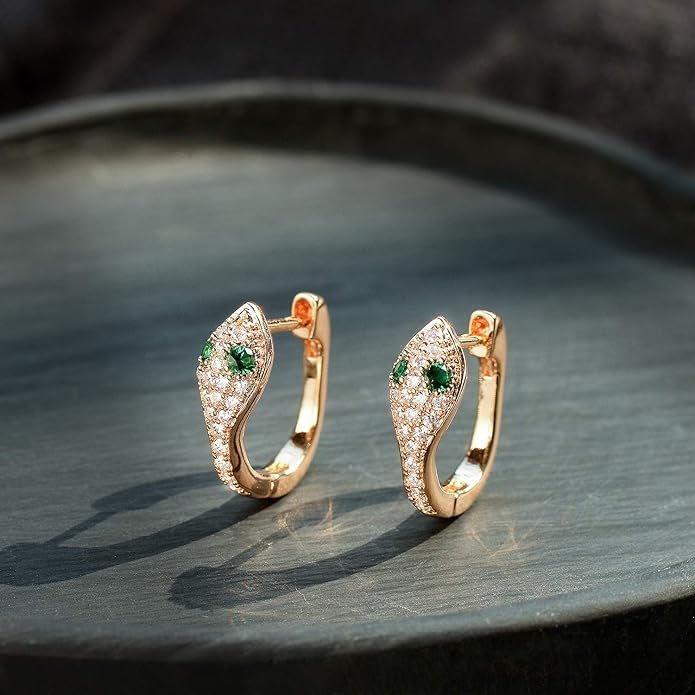 El Regalo Luxury Snake/Serpent Huggie Hoop Earrings with Green & White Cubic Zirconia for Girls/Women - Fancy Cartilage Cuff Piercing Studs