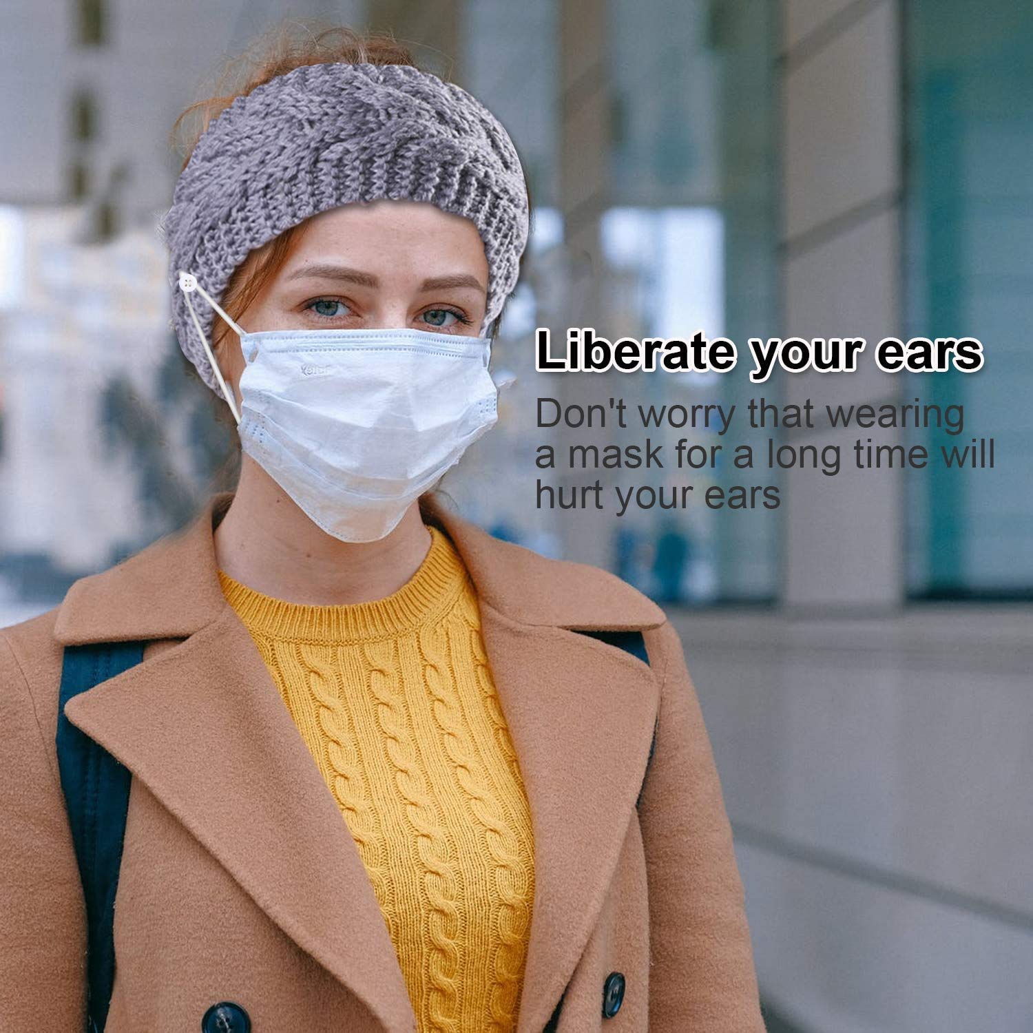 El Regalo Knitted Winter Twist Warm Wool Headband with Buttons for Face Mask Cover for Unisex (Grey)