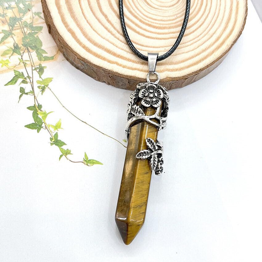 El Regalo 1PC Flower Wrapped Hexagonal Healing Natural Stones Point Pendant Unisex Necklace- Natural Stones Reiki Healing Crystals Necklace in Antique Silver Finish (Brown- Tiger Eye-Cord)