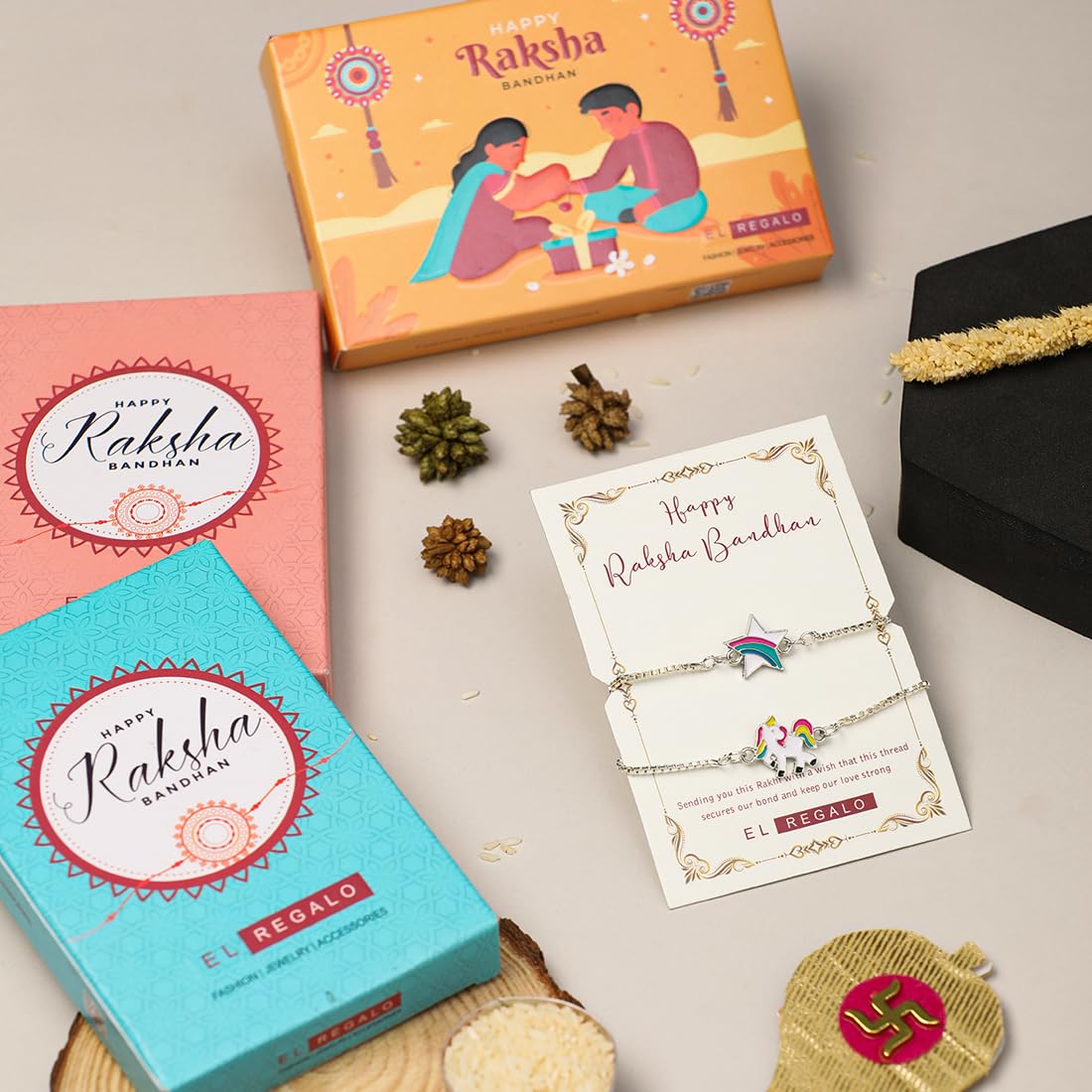 El Regalo 2 PCs Cute Kids Fancy Bracelet Rakhis Set - Beautiful 2 Kids Rakhis Combo with Roli Chawal, Rakhi Message Card in Rakhi Gift Box for Little Brother/Niece/Nephew (Unicorn & Star Rakhi)