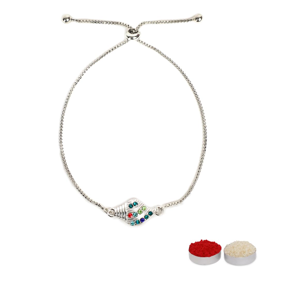 El Regalo 1PC Auspicious CZ Shell Bracelet Chain Rakhi for Brother- Designer Sankh Rakhi with Roli Chawal, Message Card in Rakhi Gift Box for Bhaiya/Bhabhi/Niece or Nephew