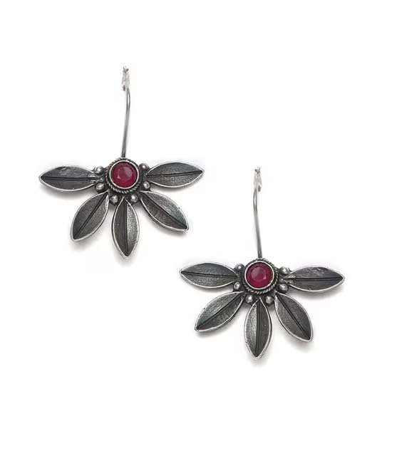El Regalo Silver toned Oxidized Hook Earrings for Girls & Women- Red Stones Handcrafted Ethnic Tribal Boho Traditional Earrings