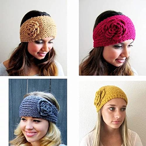El Regalo 2 PCs Knitted Flower Warm Winter Woolen Headband with Buttons for Face Mask Cover | Cold Weather Hair Accessories Head Wrap | Winter Headbands for Girls & Women (Pack of 2) (Teal Green & Grey)