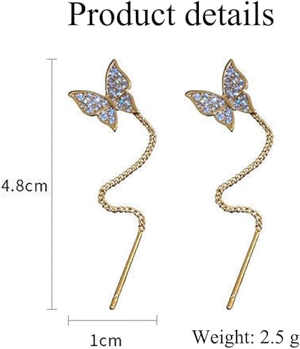 El Regalo CZ Butterfly Threader Chain Earrings for Women, Teen Girls- Butterfly Dangling Earrings- Rhinestone Butterfly Long Tassel Threader Dangle Earrings (Gold)