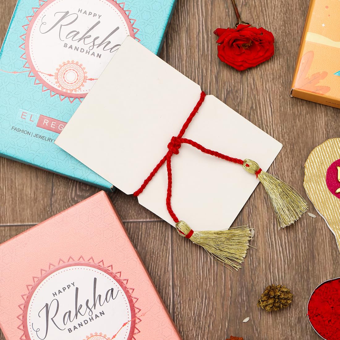 El Regalo 1PC Designer Peacock Red Golden Thread Rakhi for Brother- Antique Peacock Charm Rakhi with Roli Chawal, Rakhi Message Card in Rakhi Gift Box
