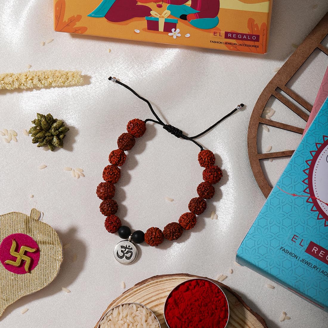 El Regalo 1PC Auspicious Natural Rudraksha & Lava Beads Rakhi for Brother- Designer Rudraksha Beads Rakhi with Roli Chawal, Rakhi Message Card in Rakhi Gift Box (Silver OM)