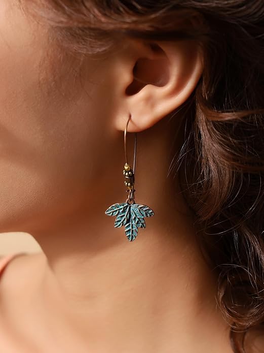 El Regalo Bohemian Antique Leaf Hook Earrings - Patina Finish Nature Inspired Dangle Earrings with Wooden & Bead Accents (Style-1)