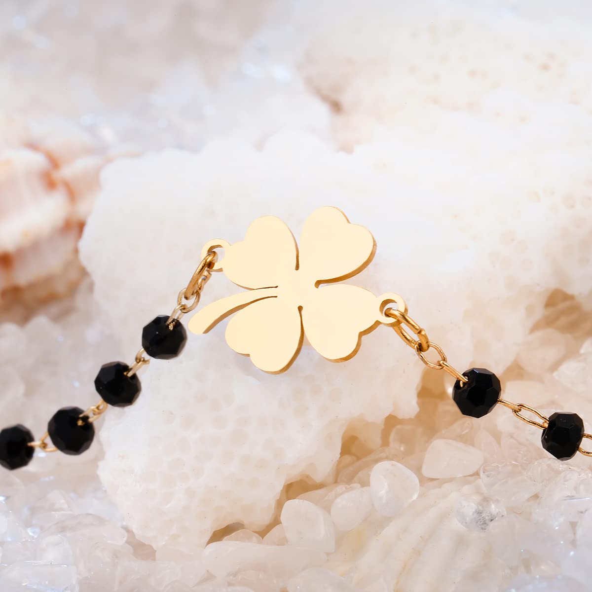 El Regalo Stainless Steel Mangalsutra Evil Eye Nazaria Bracelet- Black Crystal Beads Anti Tarnish Chain Bracelet for Girls/Women (Clover Leaf Nazaria Bracelet)