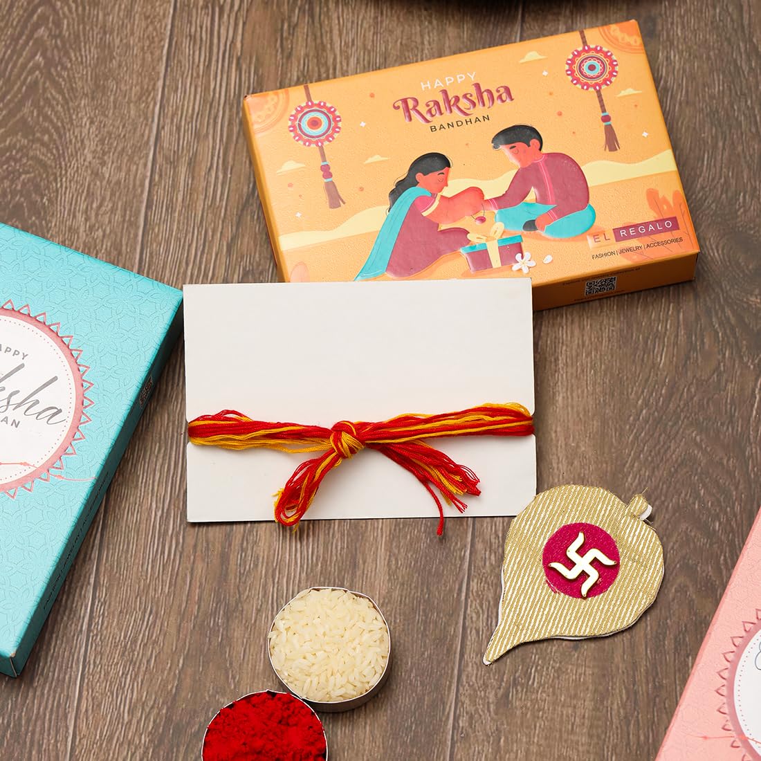 El Regalo Unisex-Adult 1 Pc Moli Rakhi For Bhaiya - Rakshabandhan Moli Charms Rakhi With Message Card & Roli Chawal Shagun In Rakhi Box (Om Moli Rakhi)