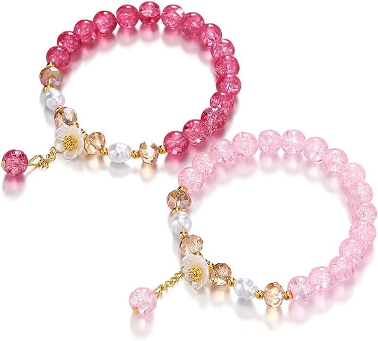 El Regalo 4PCs Cute Flower Bracelets- Shiny & Colorful Flower Charm Bracelets Set- Handmade Crystal Beaded Daisy Bracelets for Women Girls (Colors Option-2)