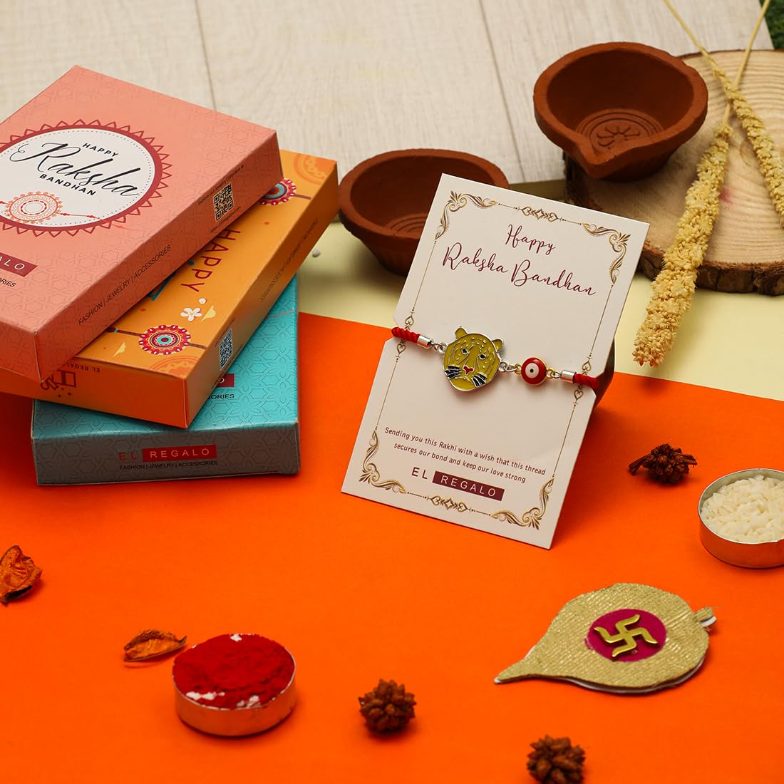 El Regalo Designer Evil Eye Lion Kids Rakhi for Brother- Cute Evil Eye Lion Rakhi with Roli Chawal Shagun, Rakhi Message Card in Rakhi Gift Box for Little Brother (Yellow)