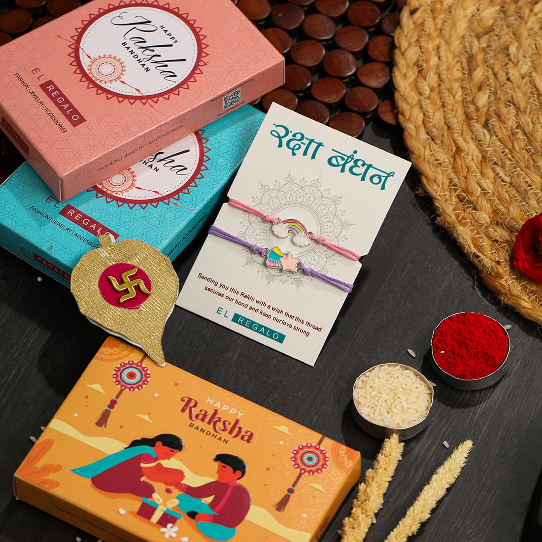 El Regalo 2PCs Cute Kids Bracelet Rakhi Combo Sets- Fancy Kids Rakhi for Brother/Sister with Roli Chwal, Rakhi Message Card in Rakhi Box for Babies/Toddlers/Kids (Rainbow & Star Rakhi)