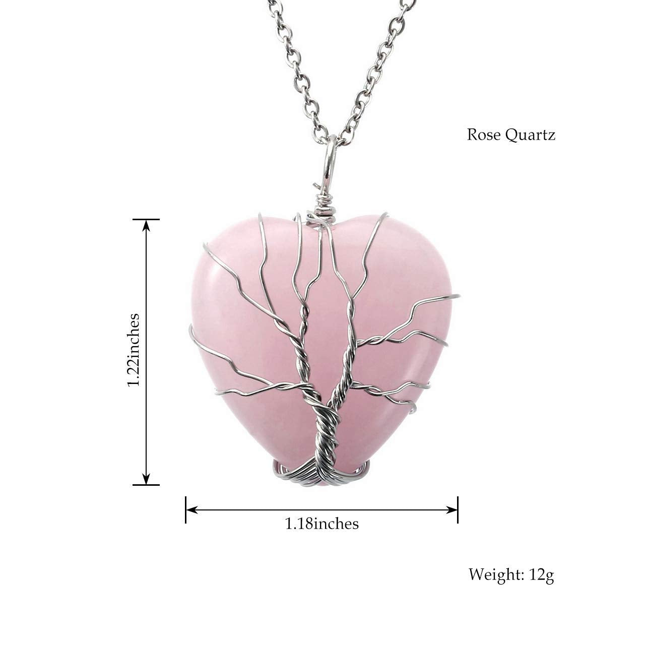 El Regalo Tree of Life Wire Wrapped Heart Shape Natural Quartz Stones Healing Crystal Chakra Pendant Necklace - Perfect Valentines Day Gift for Girls & Women (Rose Quartz)