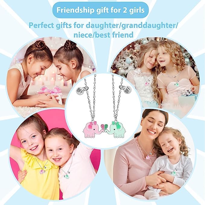 El Regalo 2 PCs BFF Best Friend Forever Split Magnetic Matching Unisex Pendant Necklaces Set- Friendship Necklaces Set for Besties/Best Friends/Soul Sisters (BFF Elephant Necklaces Set)