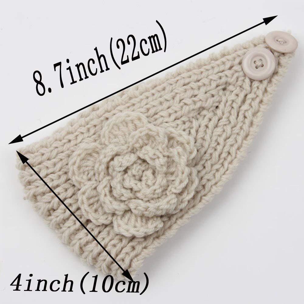 El Regalo 2 PCs Knitted Flower Warm Winter Woolen Headband with Buttons for Face Mask Cover | Cold Weather Hair Accessories Head Wrap | Winter Headbands for Girls & Women (Pack of 2) (White & Coffee)