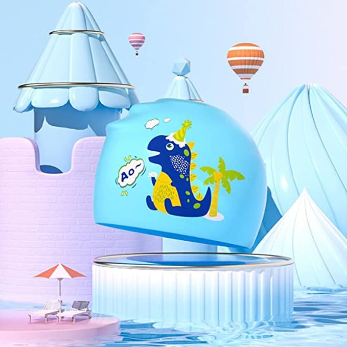 El Regalo 2 PCs Kids Swimming Caps Set- Silicone Swimming Hat for Girls Boys Waterproof Bathing Caps for Long & Short Hair with Unicorn, Astronaut, Heart, Fairy Mermaid (Dinosaur & Astronaut)