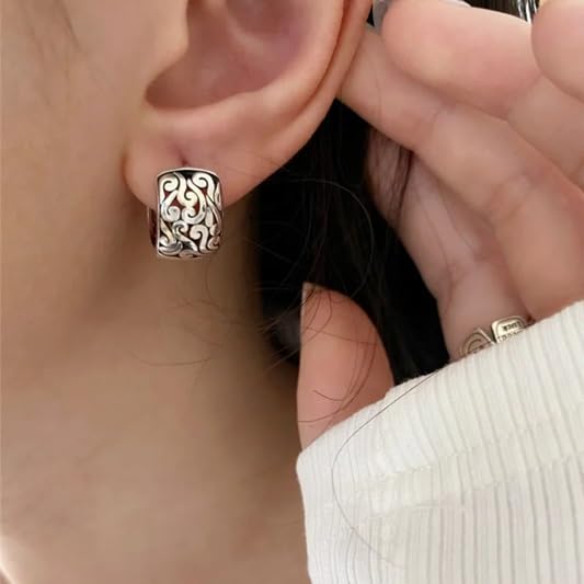 El Regalo 925 Silver Plated Hollow Filigree Hoop Earrings for Women - Vintage Oriental Carved Huggie Hoops, Retro Ethnic Jewelry