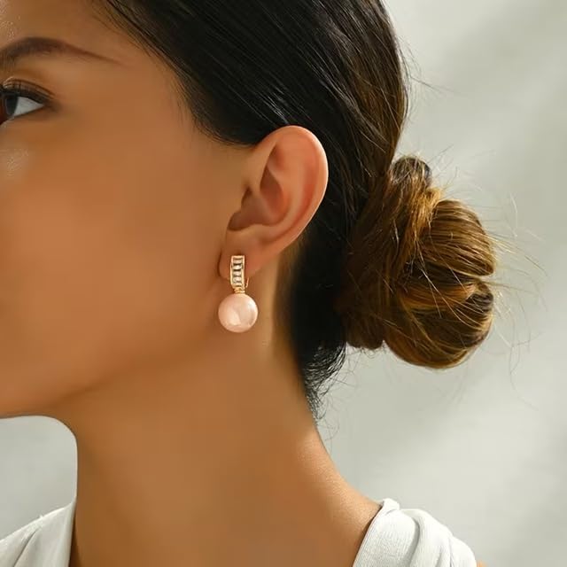 El Regalo Premium Inlaid CZ Pearl Hoop Earrings for Women & Girls | Elegant Korean Style Pearl Drop Huggie Earrings | Party, Wedding & Daily and Office Jewelry (Pink)
