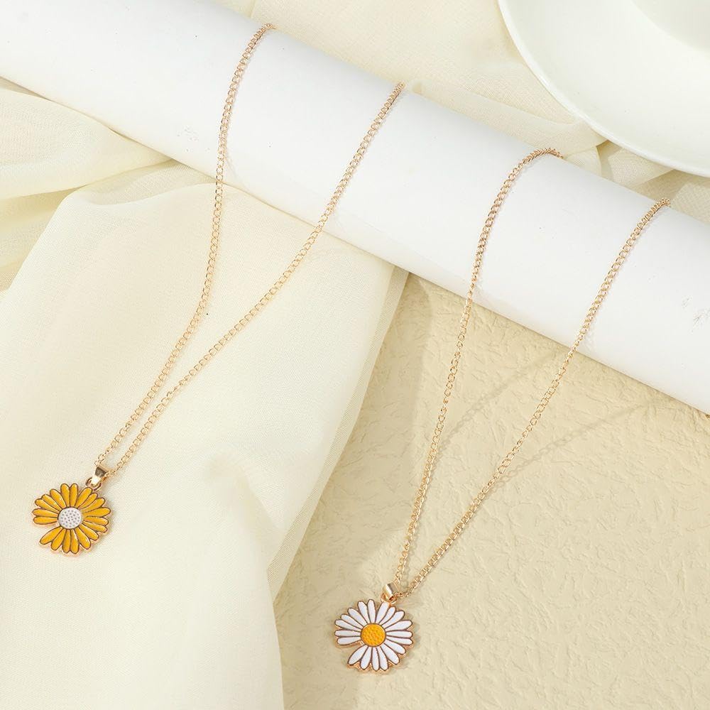 El Regalo 2 PCs White & Yellow Daisy Flower Pendant Necklace for Kids/Girls/Teens & Women- Gift for Her