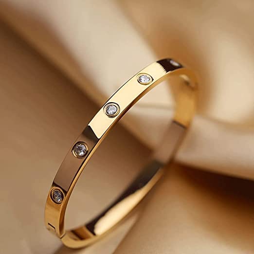 El Regalo Stainless Steel Bangle Bracelet with Cubic Zirconia/CZ for Women - Stainless Steel Openable Bracelet with Magnetic Lock (Gold)