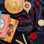 El Regalo Auspicious Shiva Trishool Red Stone Designer Thread Rakhi for Brother- Antique Trident Rakhi with Roli Chawal Shagun, Message Card in Rakshabandhan Gift Box