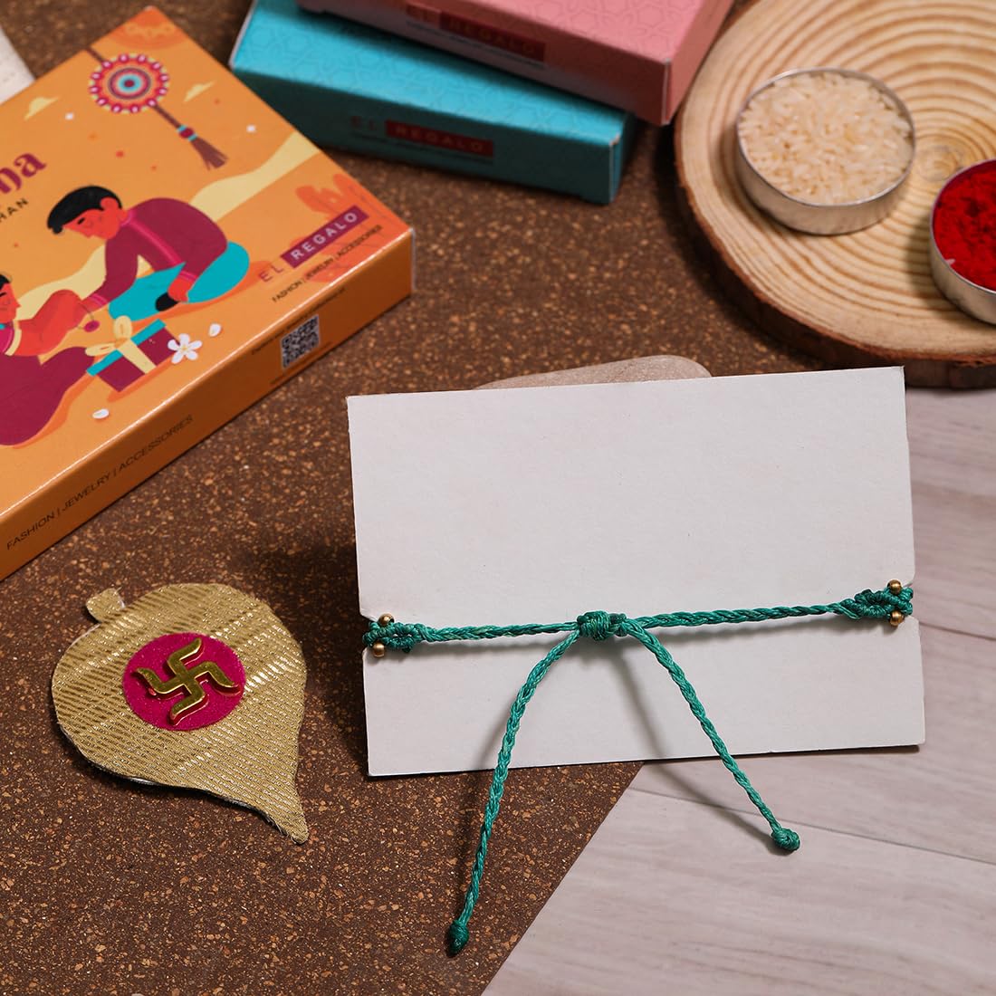 El Regalo 1PC Chakra Rakhi for Brother- Designer Chakra Reiki Healing Symbols Hand Braided Rakhi with shagun, Rakhi Card in Gift Box for Bhaiya/Bhabhi/Niece/Nephew (Heart Chakra)