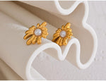El Regalo Stainless Steel Pearl Flower Stud Earrings- Glamorous, Elegant, Anti Tarnish/Waterproof Geometric Design, Gold Polished Finish for Women & Girls